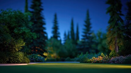 Nighttime view of a green field with trees and bushes, illuminated by warm, soft lighting.