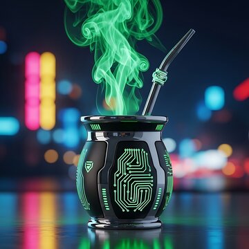 Digital elixir tech-infused goblet with vivid green smoke, neon city background.