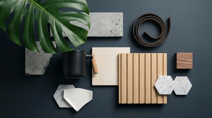 Mood Board Composition: A meticulously curated mood board showcases a selection of design elements, blending natural textures and architectural finishes, inviting a sense of modern serenity.