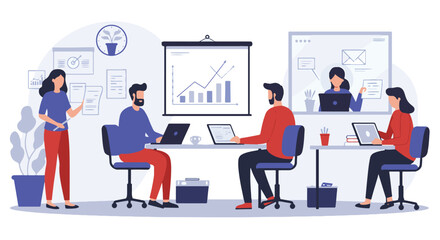 Obraz premium Diverse team collaborating in a modern office environment, utilizing technology and teamwork.