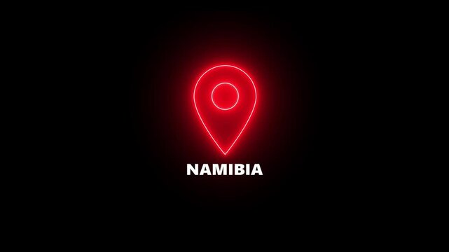 Red Neon Location Pin Icon Above Namibia Text on Black Background marker
