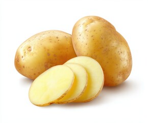 Two whole yellow potatoes, and three potato slices, against white space, food ingredients.