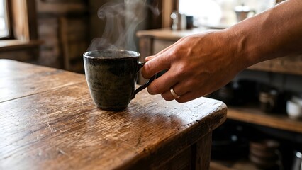 Hand Reaching for Hot Coffee Mug on Wooden Table.