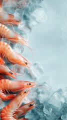 An overhead shot showcases fresh, orange shrimp arranged amidst glistening ice cubes, a cool contrast.