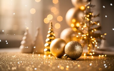 Fototapeta premium Golden christmas decorations and ornaments on glittering surface