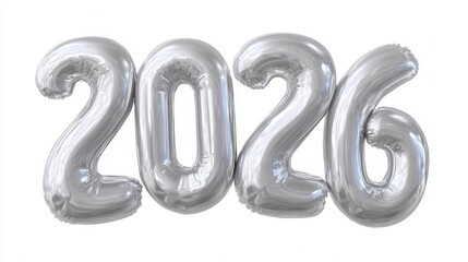 Silver balloons shaped into '2026' against a clean, white background. Festive and celebratory.