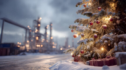 Christmas tree branches with gifts on snowy oil refinery site, towers in background. Concept of blend between industry and Christmas celebration.
