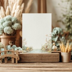 Charming illustrative scene with a peaceful pond, bird, and animal on rustic wooden display.