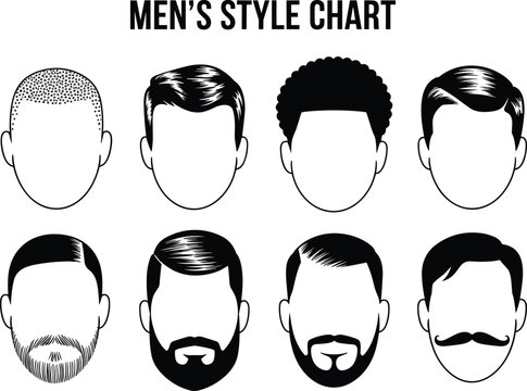 Men's Style Chart of Eight Different Male Haircuts and Facial Hair Grooming Options