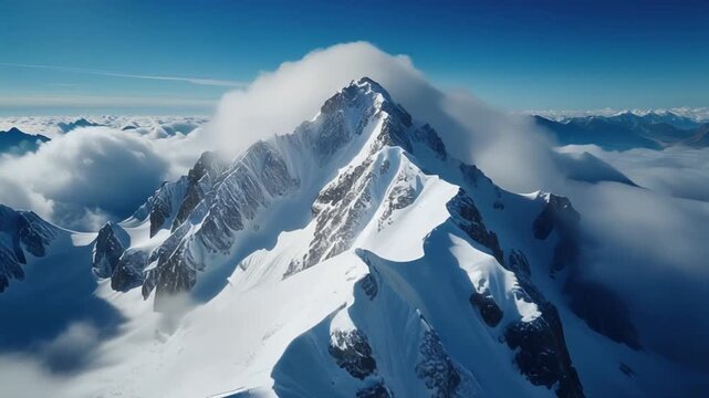 a snow-covered mountain summit surrounded by moving clouds
