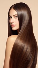Portrait of a gorgeous woman with straight, shiny brunette hair that cascades over her shoulder.