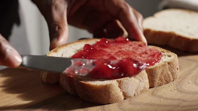 Close up of hands spreading red fruit jam on a slice of bread for a morning breakfast