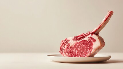 A perfectly marbled tomahawk steak sits on a plate, ready to be prepared and enjoyed by all.