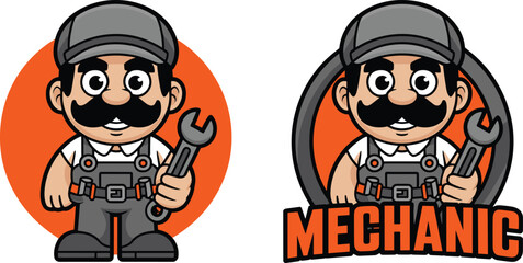 Friendly male mechanic mascot with black mustache in grey work overalls and cap holding a wrench for automotive repair shop branding vector