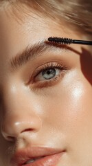 Close-up of a woman's face, focusing on her eyebrow being shaped with a brush and her eye.