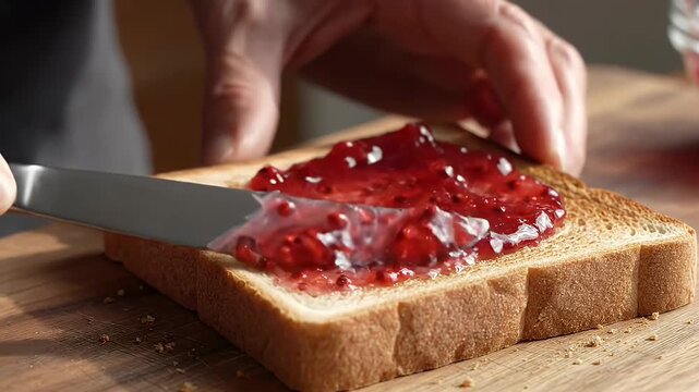 Close up of a hand spreading red fruit jam on a slice of toasted bread for breakfast