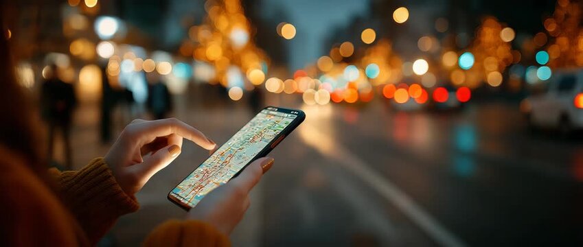 In a city at night, a traveler uses a smartphone with a navigator to find their whereabouts.
