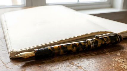 Old Open Book with Quill Pen on Wooden Surface.