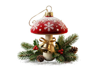 Luxury Christmas mushroom ornament with snowflake details, pine branches, red berries, and festive decorations, isolated on a black background.