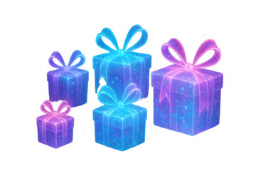 Glowing cosmic gift boxes with neon ribbons, a magical present concept for celebration and surprise, transparent background