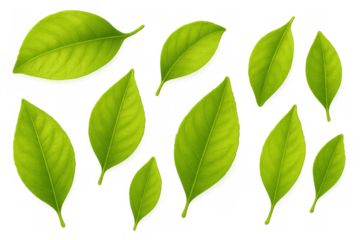 Fresh green leaves in various sizes, ideal for ecology, plant, and spring designs with a transparent background