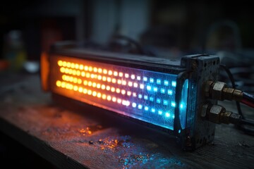 Colorful LED light display on industrial surface at night