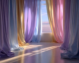 Elegant draped curtains in soft pastel colors with natural light