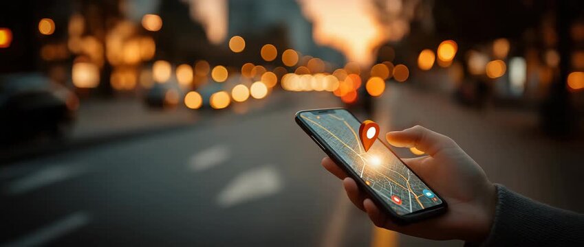 In a city at night, a traveler uses a smartphone with a navigator to find their whereabouts.