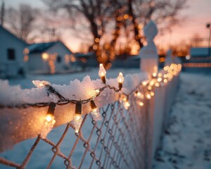 Snowy Fence with Twinkling Lights at Sunset in a Winter Landscape