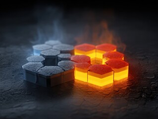 Hexagonal Tiles with Warm and Cool Colors in Abstract Design