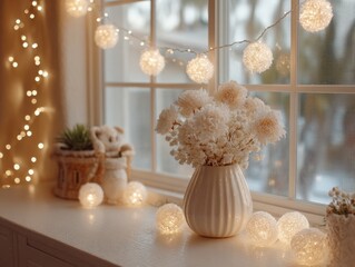 Cozy Indoor Arrangement with Flowers and Soft String Lights
