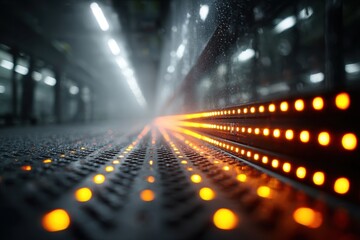 Futuristic Industrial Floor with LED Lights and Misty Atmosphere