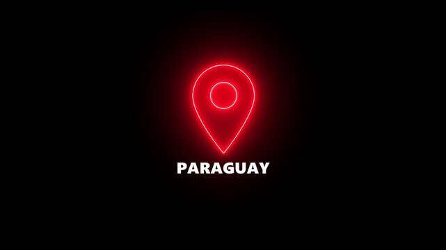 Red neon location pin icon with the word Paraguay on a black background map marker navigation