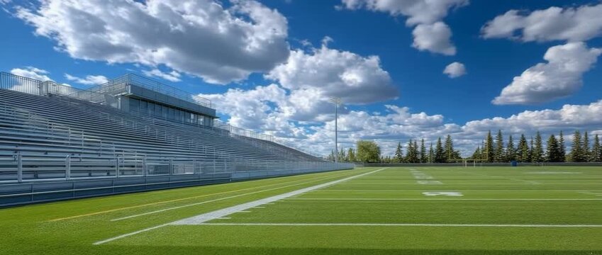 Under a blue spring and summer sky, a green football field with bleachers