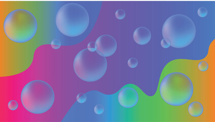 A striking abstract vector background featuring various sizes of translucent, holographic-style bubbles floating against a brightly colored