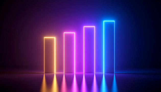 Neon glowing bar chart with four colorful vertical pillars reflecting on shiny surface in dark room