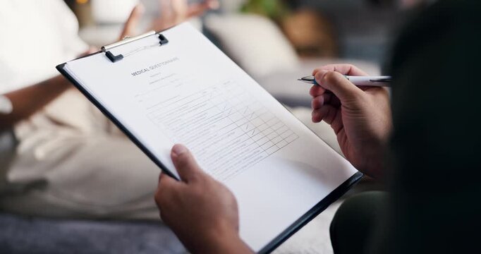 Hands, healthcare and person with clipboard, writing or consultation for insurance. Closeup, medical service or employee in hospital, documents or report for treatment plan, prescription or checklist