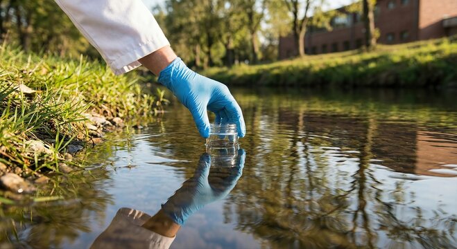 Hand in blue glove collecting water sample in stream for environmental testing in natural landscape setting