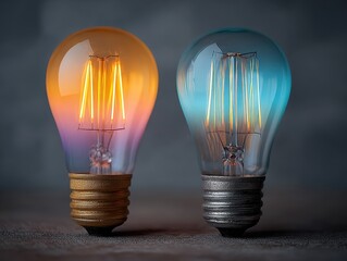 Vintage light bulbs with glowing filaments in warm and cool tones