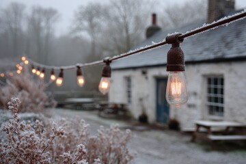 Frosty Winter Scene with Vintage Lights and Cozy Cottage Ambiance