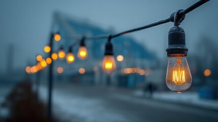 Cozy Outdoor String Lights With Warm Glow in Foggy Atmosphere