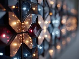 Abstract geometric pattern with glowing lights on a textured surface