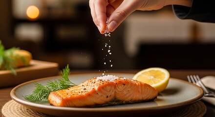 Seasoning gourmet salmon, a hand sprinkling salt flakes on grilled fillet