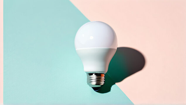 Moderne LED-Gl&uuml;hbirne vor geometrischem Hintergrund in Pastellfarben