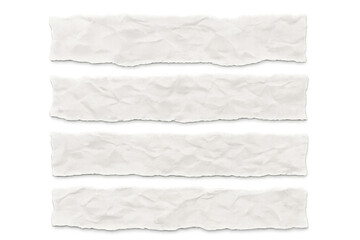 Torn crumpled paper strips with ragged edges on a transparent background, blank white textured banners for message overlay