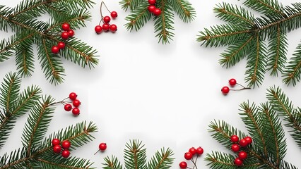 Fototapeta premium Fresh Green Pine Sprigs with Red Berries Framing Blank Space on White Background
