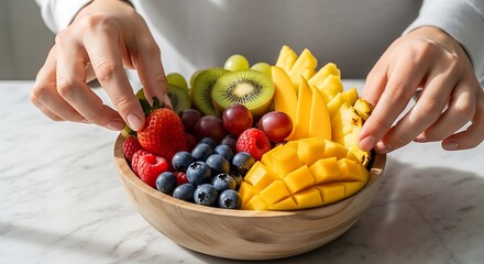Woman taking vibrant assorted fresh fruits from a wooden bowl close up