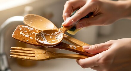 Woman diligently washes wooden utensils with sponge and soapy water