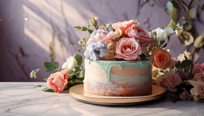 A beautifully decorated floral cake adorned with fresh blooms, perfect for celebrations and special occasions