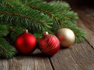 Closeup of three Christmas ornaments red red with gold glitter and gold nestled on a rustic wooden surface with pine boughs